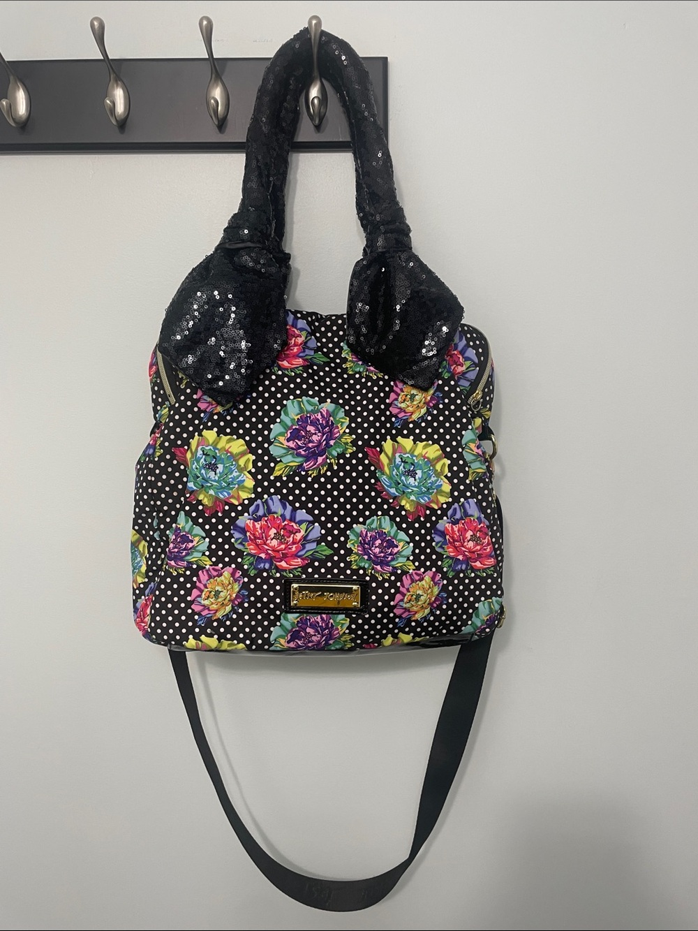 Betsey Johnson Floral Polka Dot Satchel Bag handles are up cycled